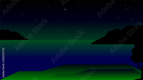 Vector illustration, desktop wallpaper. View of a lonely ocean at night with small islands on either side.
