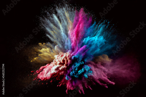 A dynamic and visually striking image of a burst of vibrant colored powder, captured in mid-air. Perfect for use in designs related to celebration, festivals, and energy. Generative AI