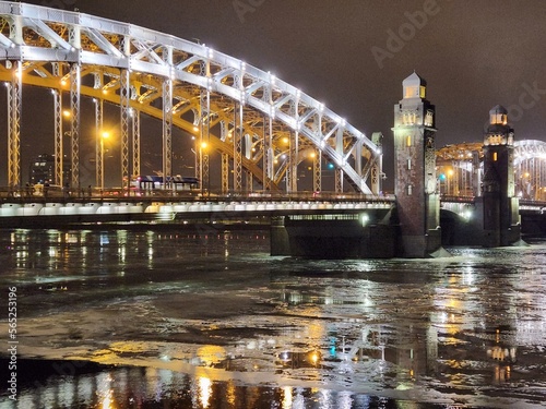 Ice drift on the Neva river near the Bolsheokhtinsky Bridge 