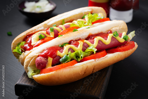 Hot dog with grilled sausage, tomato and lettuce on dark background. American hotdog