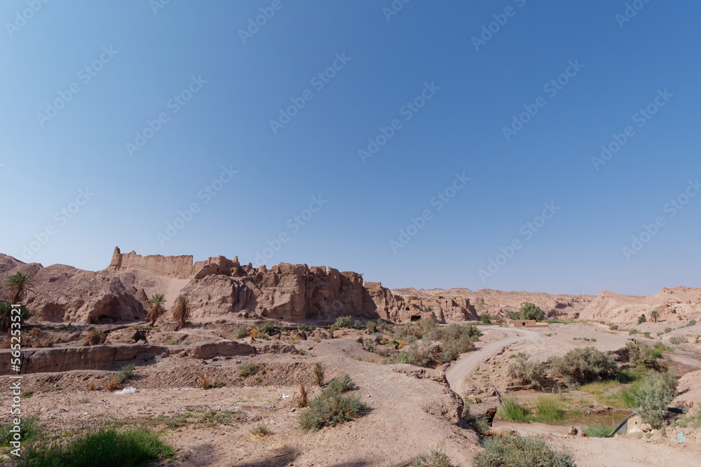 Panoramic view of the old fort of the ancient city of Keshit in Dasht-e Lut Desert, Kerman Province, Iran
