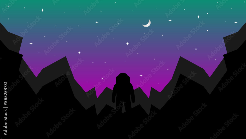 Fototapeta premium Vector illustration, desktop wallpaper. An astronaut standing in the middle of a space rock with the moon and stars behind him.