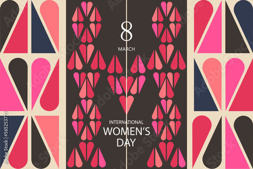 Happy International Women's Day Geometric shapes with hearts. Abstract pattern for a web banner.