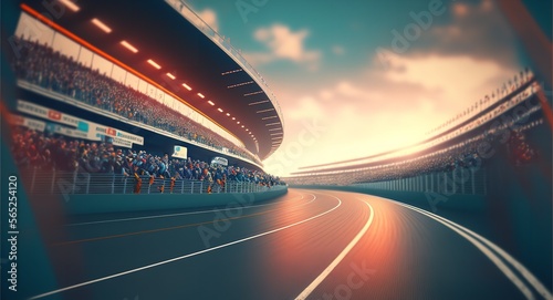 Empty racing track and crowd of people on grandstands. Generative Ai.