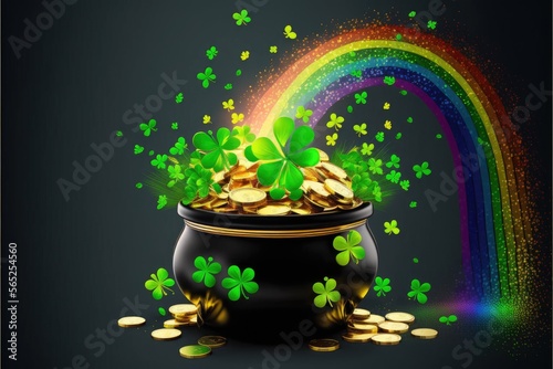 Magic pot Of Gold: Magical Treasure with Rainbow on a dark background. Generative AI
