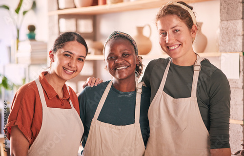 Pottery, portrait and group of women in workshop, startup or small business for ceramic work. Creative, potter teamwork and people, friends or proud girls in studio or crockery manufacturing store.