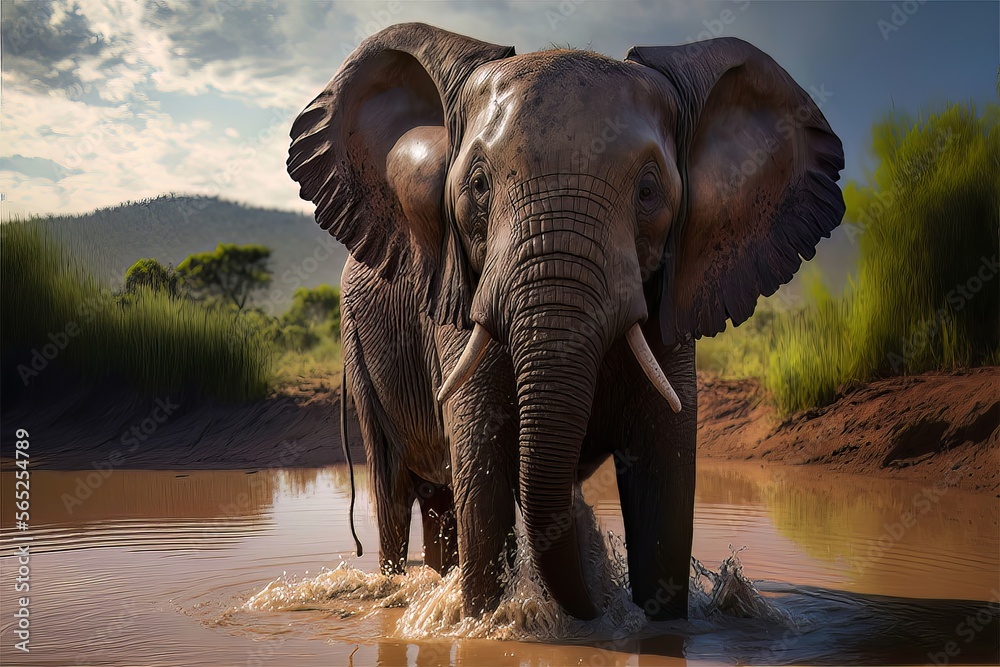 Obraz premium Portrait of an Elephant taking a mud bath. Generated by AI.