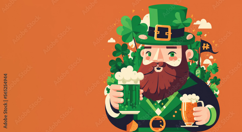 Banner with leprechaun holding a big beer on a orange background. Generative AI Banner with leprechaun holding a big beer on a orange background. Generative AI