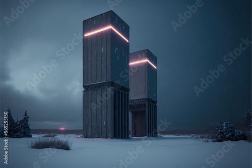 A giant brutalist monolithic concrete tower with neon holographic light strips in the winter countryside.