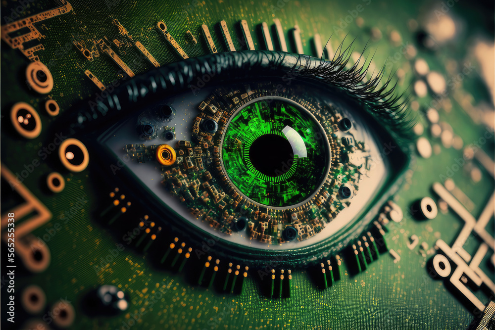 Green eye with circuit board with microchips close up of electronic circuit board

Generate by Generative AI