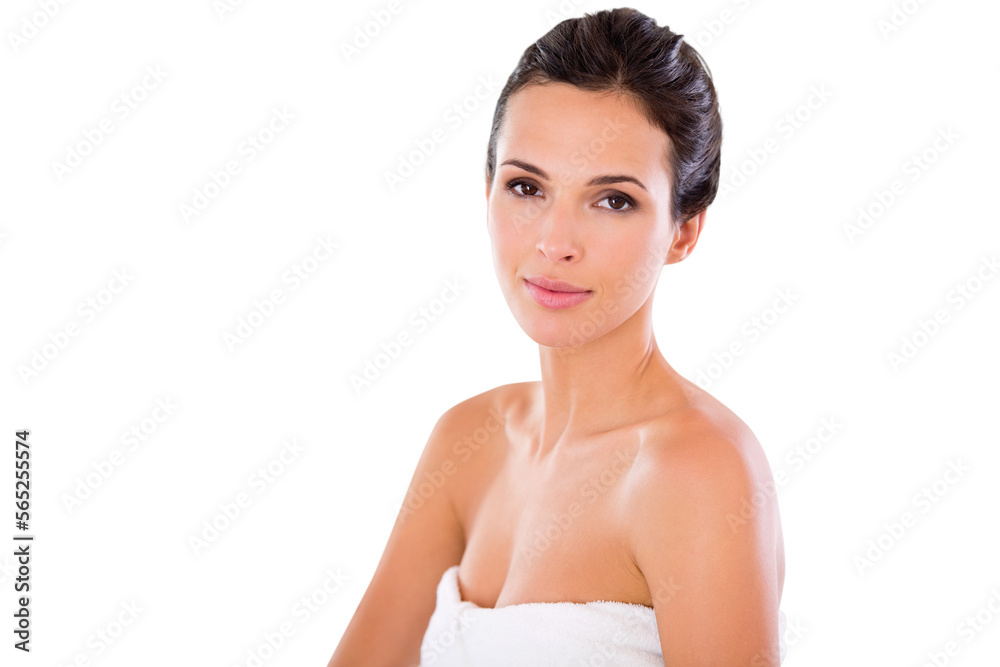 Portrait of a beautiful young woman with perfect skin and a towel wrapped around her body Isolated on a PNG background. Portrait of a beautiful young woman with perfect skin and a towel wrapped around her body Isolated on a PNG background.