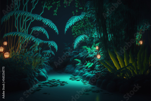 Mysterious 3D Bioluminescent Jungle: An AI Generated Render of a Unique and Creative Surreal Scene © MrnSailor