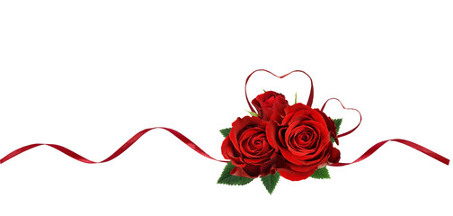 Red silk ribbon hearts and waves with rose flowers isolated on white or transparent background for Valentine's day