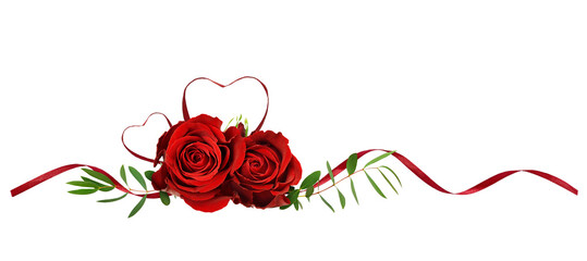 Red silk ribbon hearts and waves with rose flowers ans green leaves isolated on white or transparent background for Valentine's day