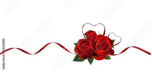 Print op canvas Red silk ribbon hearts and waves with rose flowers isolated on white or transpar