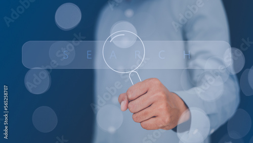 Man using magnifying glass search engine connection internet global for analysis, information cyberspace, discovery, find job, data. Man use Searching for information.