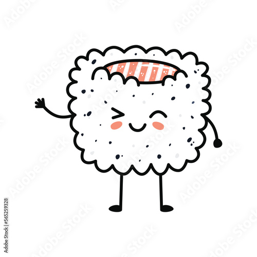 Kawaii sushi mascot in cartoon style. Cute uramaki with salmon for menu.