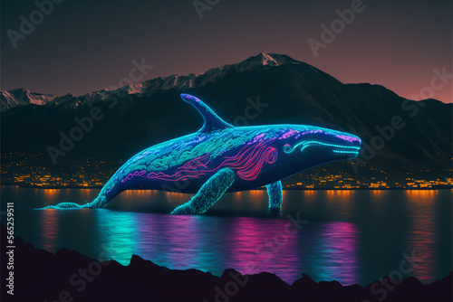 Neon whale swims in the sky. AI generation