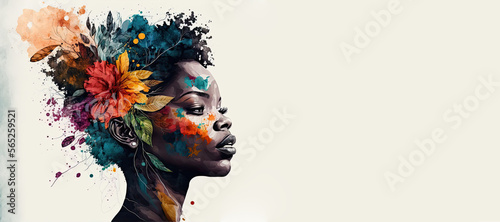 Black woman watercolor painting style banner made with Generative AI. photo