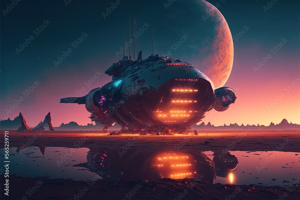 Spaceship on planet. Generative AI