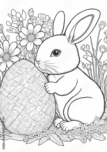 illustration for coloringbooks for children, cute easter bunny with some easter eggs, generative ai photo