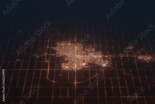 Aerial shot of Regina (Canada) at night, view from south. Imitation of satellite view on modern city with street lights and glow effect. 3d render