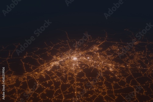 Aerial shot on Dover (Delaware, USA) at night, view from west. Imitation of satellite view on modern city with street lights and glow effect. 3d render