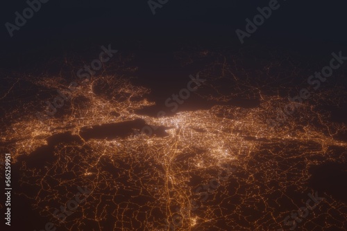 Aerial shot of Tampere (Finland) at night, view from south. Imitation of satellite view on modern city with street lights and glow effect. 3d render