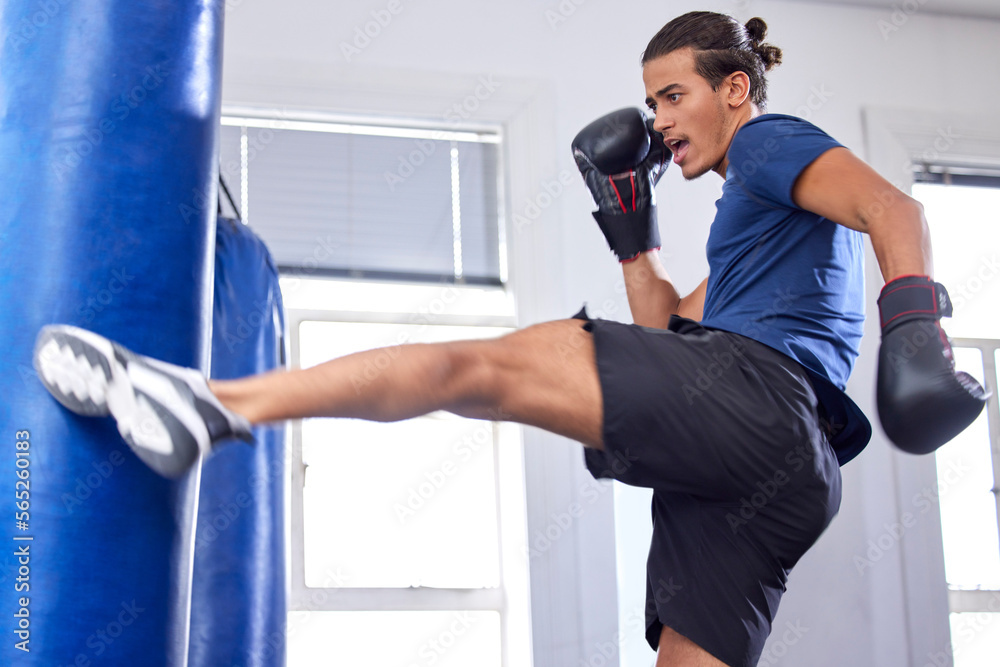 Kickboxing, fitness and sports with a man fighter training his power in a gym for a competition. Exercise, health and energy with a male kickboxer in a sport facility for a workout on a punching bag - obrazy, fototapety, plakaty 