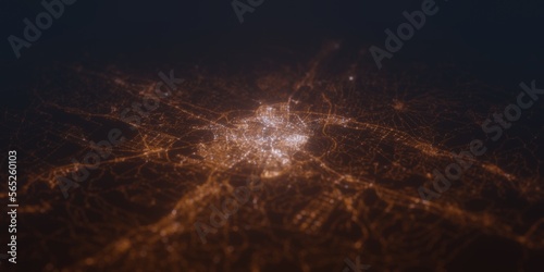 Street lights map of Zaragoza (Spain) with tilt-shift effect, view from south. Imitation of macro shot with blurred background. 3d render, selective focus