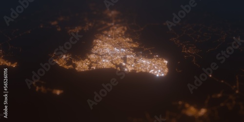 Street lights map of Belem (Brazil) with tilt-shift effect, view from west. Imitation of macro shot with blurred background. 3d render, selective focus
