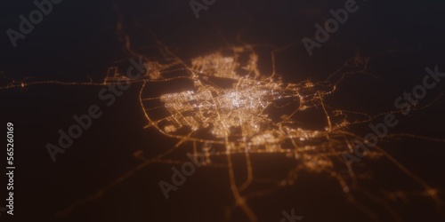 Street lights map of Medina (Saudi Arabia) with tilt-shift effect, view from east. Imitation of macro shot with blurred background. 3d render, selective focus