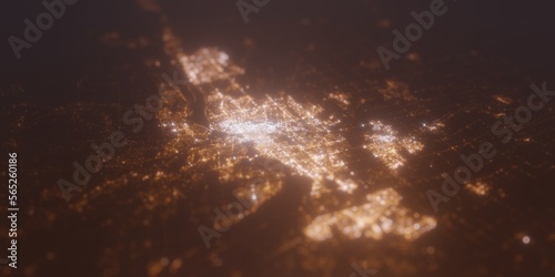 Street lights map of Ottawa (Canada) with tilt-shift effect, view from west. Imitation of macro shot with blurred background. 3d render, selective focus