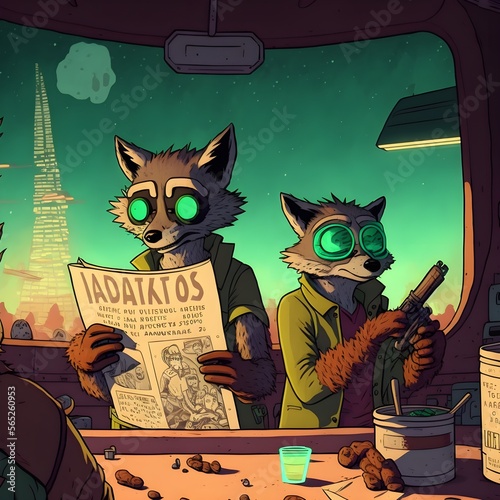 Fototapeta raccoons holding a flyer of their party page of a comics by moebius breaking bad