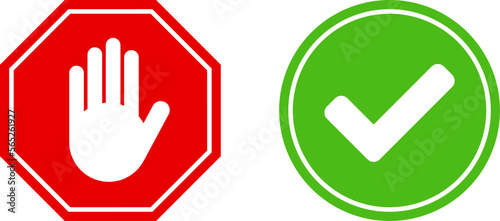 Green Round Ok Yes Checkmark Sign and Red No Stop Hand Octagon Icon Set. Vector Image.