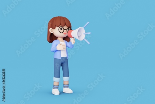 girl character with glasses talking with megaphone 3d illustration