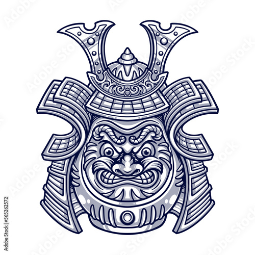 Hand drawn of Daruma Japanese with samurai helmet illustration