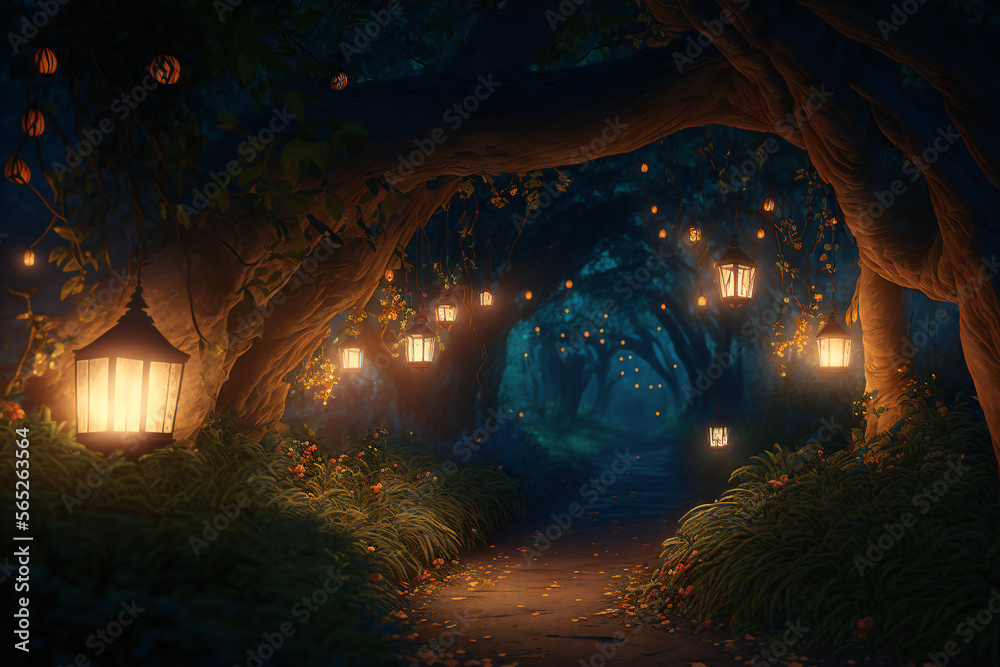 3d ramadan moon and lantern Fairy forest at night, fantasy glowing flowers and lights