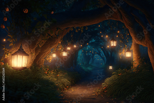 3d ramadan moon and lantern Fairy forest at night, fantasy glowing flowers and lights