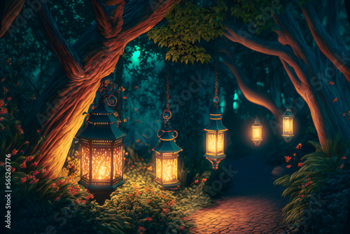 3d ramadan moon and lantern Fairy forest at night  fantasy glowing flowers and lights