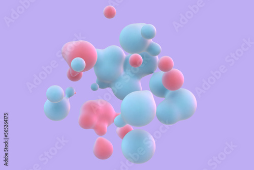 3D abstract liquid blobs on purple background. Concept of future science: floating spheres, molecular elements or nanoparticles. Fluid red and blue shapes in motion EPS 10, vector illustration.