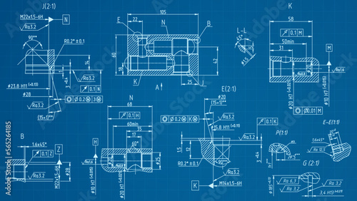 Technical background. Vector sketch. Set of cut parts with holes and grooves. Typical engineering views of parts elements. Light details with dimensions on a blue background.