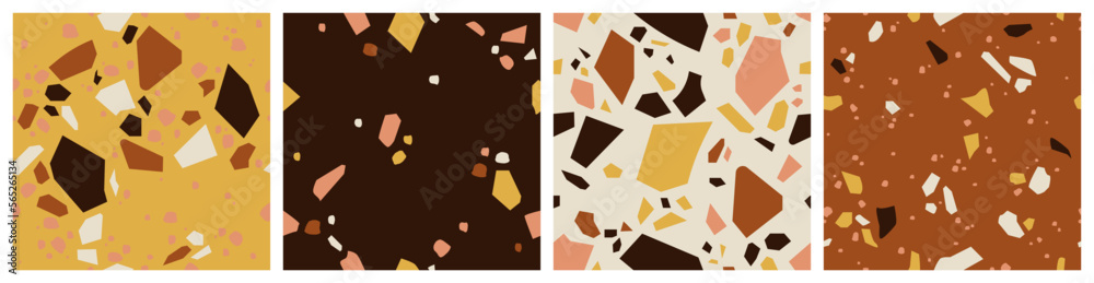 Fototapeta premium Collection of seamless patterns, terrazzo background set, the repeating texture of a classic Italian Venetian style floor made of natural stone, granite, quartz, marble, glass and concrete.