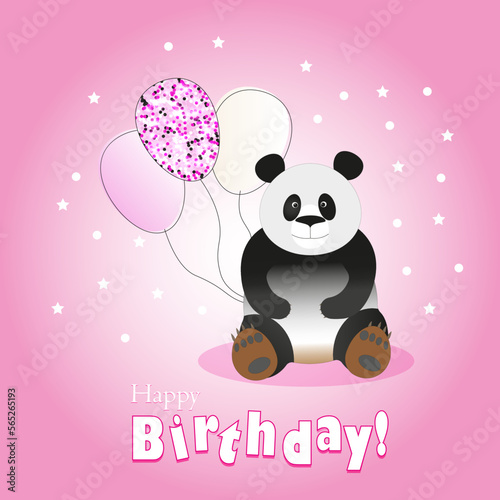 Happy birthday card with a panda bear and balloons on a pink gradient background. Vector illustration