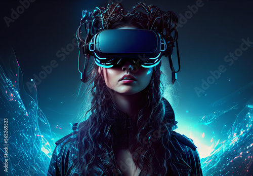 A young woman in VR glasses traveling inside fantastic virtual computer world. Female and future technology background and modern imaging technology concept made with Generative AI