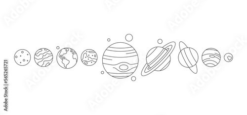 Solar system planets order from sun, space objects. Sun, Earth, Mercury, Jupiter, Saturn, Uranus, Jupiter, Saturn, Pluto, Venus, Neptune. Astronomy, space and science thin line vector illustration
