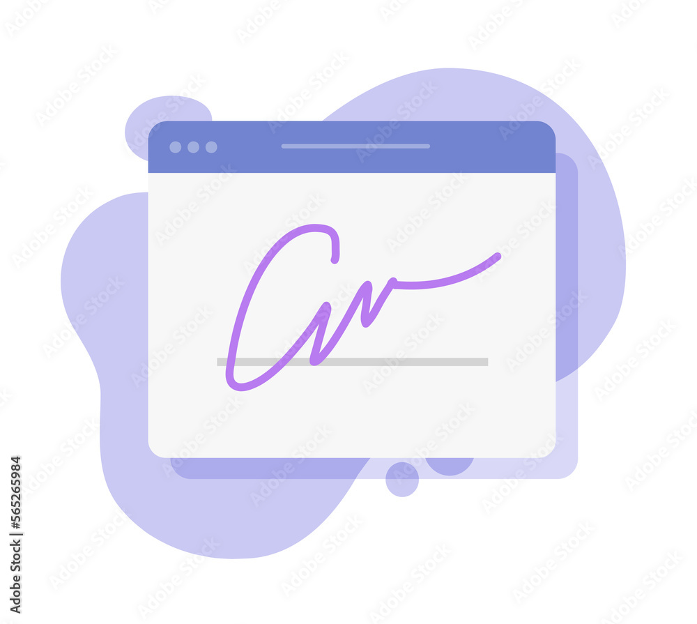 Digital signature electronic online service icon vector, blue violet autograph on we website page on fluid liquid abstract background clipart illustration modern graphic image