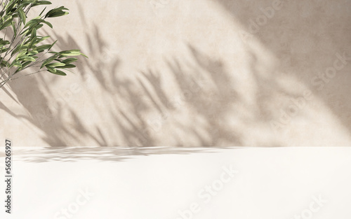 Minimal empty white marble stone counter table top, green tree in sunlight, leaf shadow on beige brown stucco cement wall for luxury organic cosmetic, skincare, beauty treatment product background 3D © Sue Tansirimas