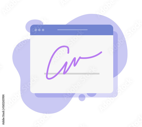 Digital signature electronic online service icon vector, blue violet autograph on we website page on fluid liquid abstract background clipart illustration modern graphic image