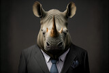 Portrait of a rhinoceros dressed in a formal business suit, generative ai
